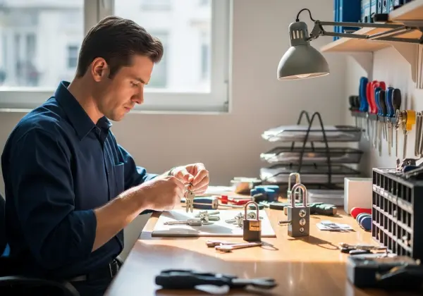 Chaveiro profissional trabalhando em fechaduras e chaves